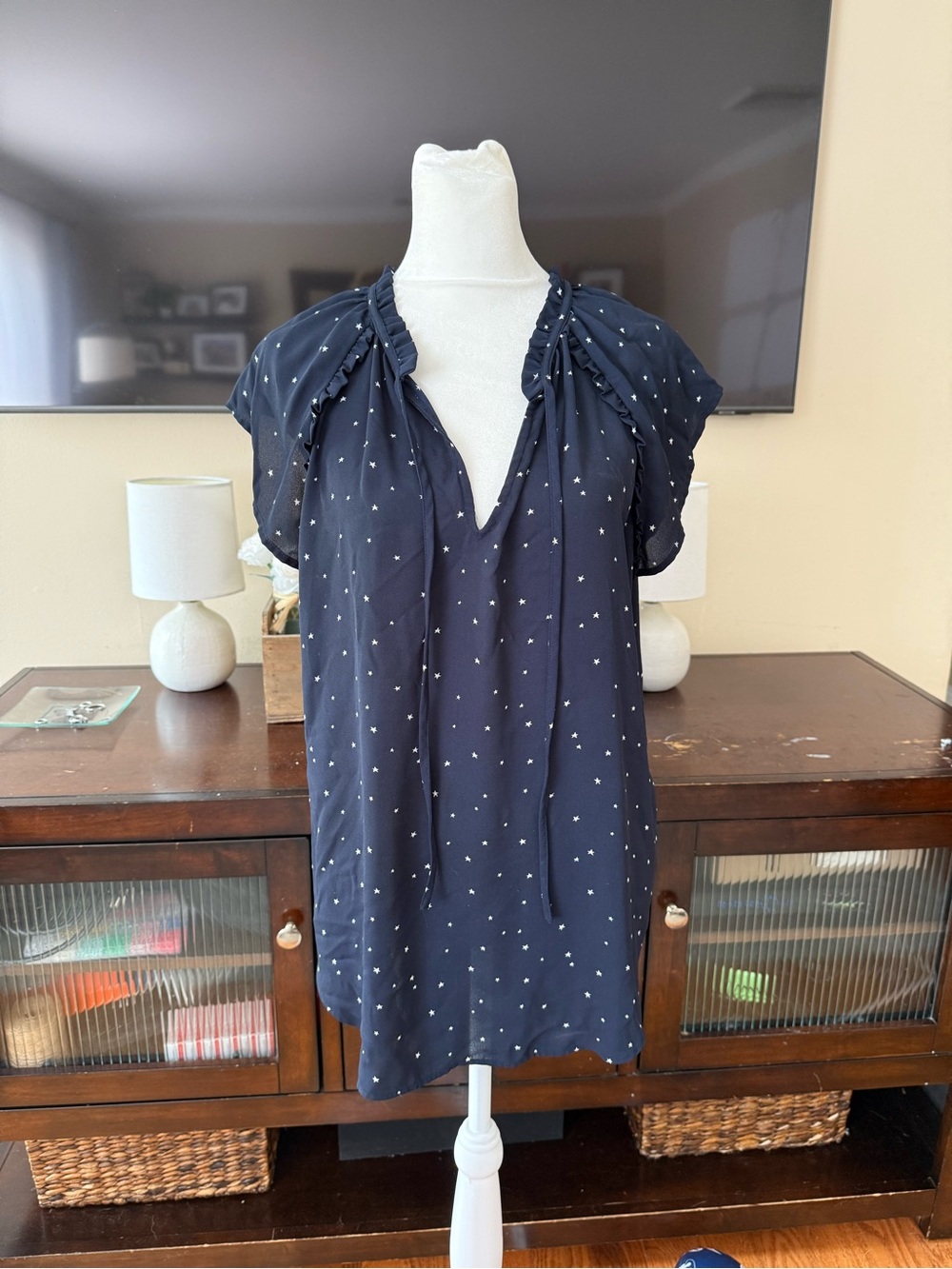 LOFT Navy V-Neck Short-Sleeve Blouse with Tiny White Dot Print